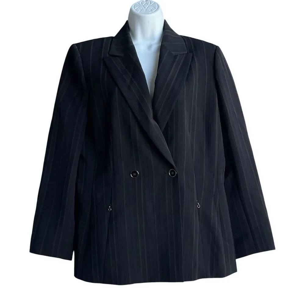 Kasper Double Breasted Blazer Black Striped Preppy Jacket Business Casual Sz 12